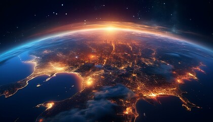 Wall Mural - stunning view of earth from space showcasing city lights and the dawn illuminating the planet