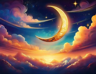 Wall Mural - golden crescent moon glowing against a vibrant twilight sky with clouds mystical celestial scene