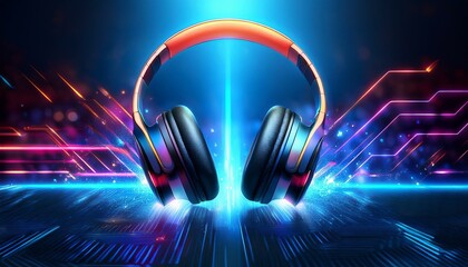 Wall Mural - wireless headphones with vibrant neon lights on an abstract digital background modern sound design