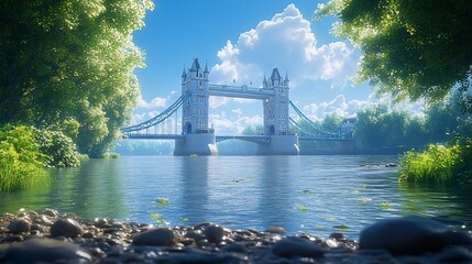 Sticker - Tower Bridge, London, sunny day, trees, river