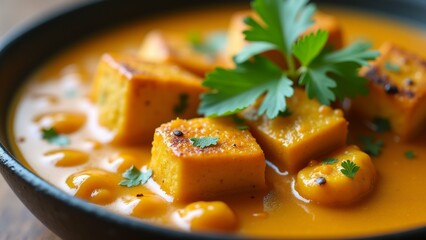 Wall Mural - The image is a close-up of a bowl of orange-colored soup or stew. The soup appears to be thick and creamy, with chunks of orange squash and chickpeas visible in the broth.