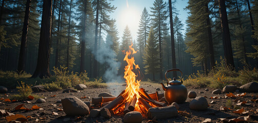 Wall Mural - A cozy campfire blazes amid towering trees in a tranquil forest setting. Sunlight filters through branches, casting warm light on the campsite