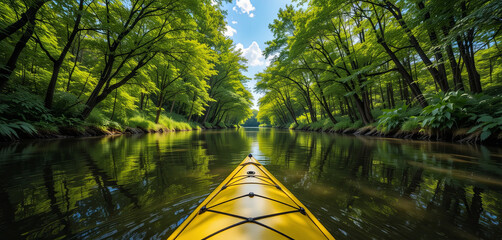 Wall Mural - Paddling a yellow kayak down a calm river, surrounded by lush green trees reflecting on the water's surface on a sunny summer day. The peaceful atmosphere invites exploration