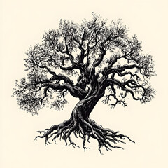  Line art black and white tree of life illustration on white background, sketch tattoo ideas, art for print