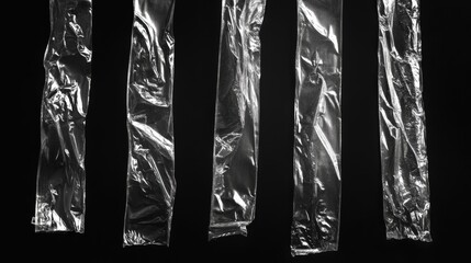 five transparent plastic bags hanging against a black background
