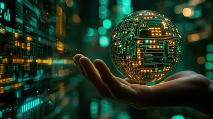 Wall Mural - hand holding a glowing circuit sphere in a futuristic digital environment