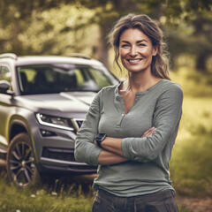 Smiling woman with folded arms in front of her car parked in the countryside.