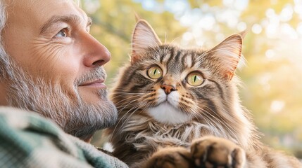 Canvas Print - Loving companionship between cat and elderly concept. Man cuddles a cat in a warm, sunny outdoor setting