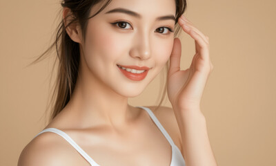 smiling woman with long hair poses against beige background, showcasing natural beauty and elegance. She wears white top, exuding confidence and grace