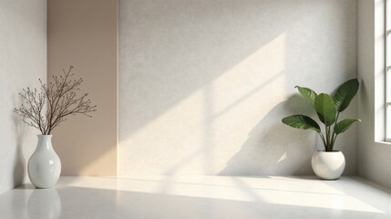 Aufkleber - Sunlit Minimalist Room Corner with Plants in White Pots