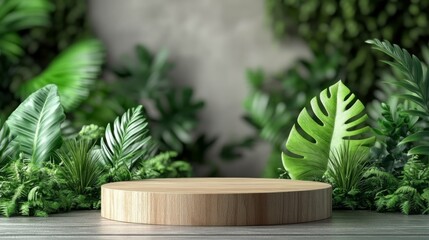 Wall Mural - Natural Wooden Display with Lush Greenery