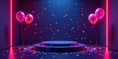Fototapete - Neon Celebration Festive Balloons and Confetti on a Podium
