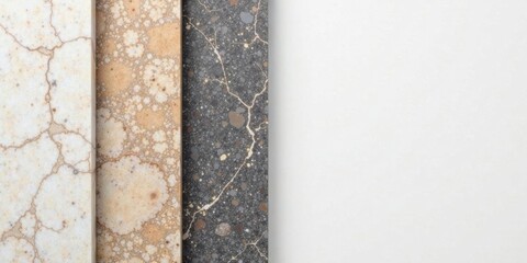 Fototapete - Three vertical samples of speckled and veined stone textures against a neutral background