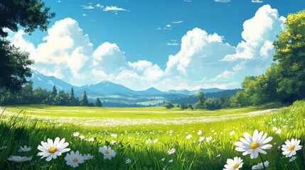 Wall Mural - Idyllic Spring Landscape with Daisies and Mountains