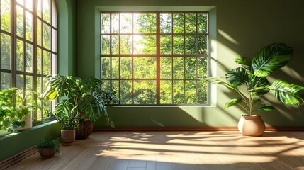 Wall Mural - Natural light fills a green room with plants and large windows during the day