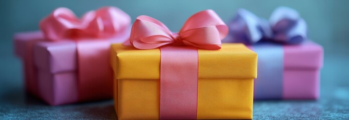 Wall Mural - Three colorful gift boxes with a pink bow arranged on a white background for festive occasions valentine day