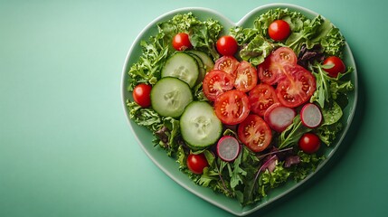 Sticker - Fresh heart-shaped salad featuring greens, tomatoes, and cucumbers on a teal background