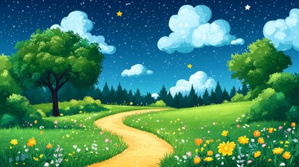 Wall Mural - starlit meadow pathway