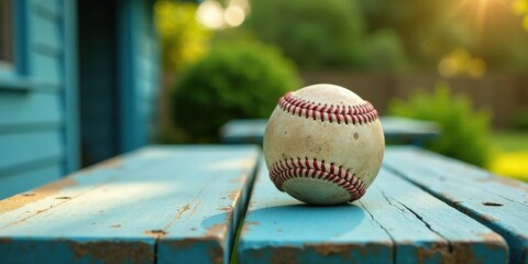 Poster - Well-worn baseball resting on a rustic blue wooden picnic table outdoors in the sunlight