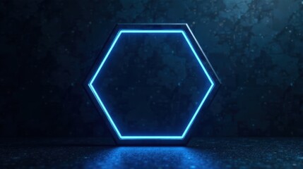 Leinwandbilder - Hexagonal Neon Frame on Dark Background with Glowing Blue Light