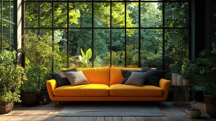 Wall Mural - A cozy yellow sofa in a sunlit room filled with plants and greenery.