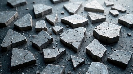 Fototapete - Cracked stone fragments scattered on dark surface, abstract texture background