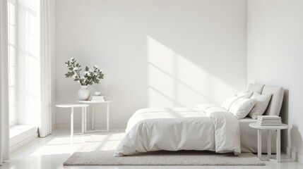 Aufkleber - Serene Minimalist Bedroom Interior Design with White Bedding and Natural Light