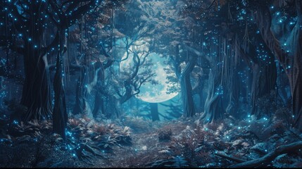 Wall Mural - a mystical forest bathed in soft moonlight and vibrant bioluminescence, white space in the center of the page for text, ethereal hues against a backdrop of ancient trees