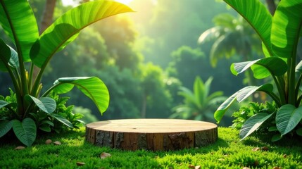 Poster - Serene Jungle Display Wooden Stump Product Presentation in Lush Greenery