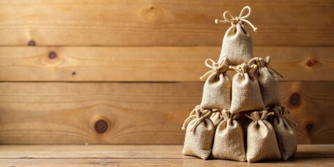 Poster - A Rustic Arrangement of Burlap Sacks Forming a Pyramid on Wooden Surface