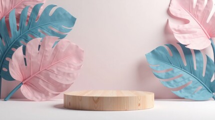 Fototapete - Pastel Pink and Blue Tropical Leaves with Wooden Display Stand