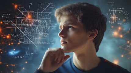 Aufkleber - Man Deep in Thought with Floating Digital Formulas and Network Structures, Representing Intelligence, AI, and Advanced Thinking in a Futuristic Setting, Generative AI