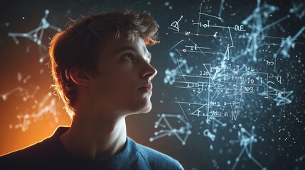 Aufkleber - Man Deep in Thought with Floating Digital Formulas and Network Structures, Representing Intelligence, AI, and Advanced Thinking in a Futuristic Setting, Generative AI