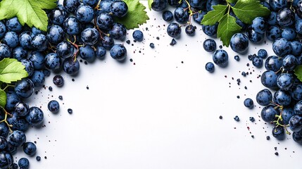 Sticker - Freshly harvested blueberries arranged with green leaves on a white surface