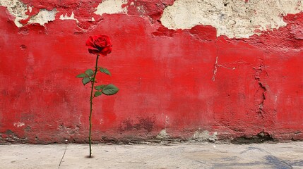 Sticker - Lonely red rose stands against a weathered red wall in an urban environment