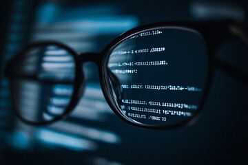  pair of glasses with a computer screen on the lens. Concept of technology and the importance of digital communication in today's world