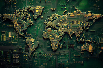Wall Mural - computer chip of the world with a green background. the computer chip is made up of many small squar