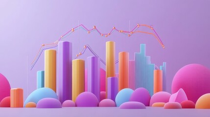 Colorful 3D bar graph and spheres on a purple background, illustrating data visualization.