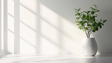 Wall Mural - Bright indoor space with a green plant in a modern white vase during daylight