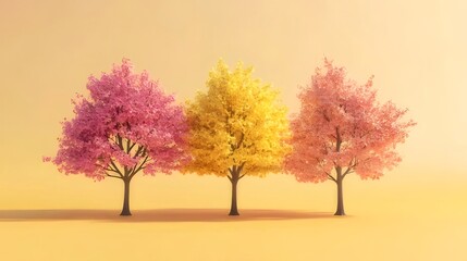 Wall Mural - Three stylized trees, pink, yellow, pink, on a yellow background.