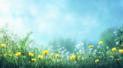 Wall Mural - Beautiful Meadow with Fresh Grass and Yellow Dandelions in Field