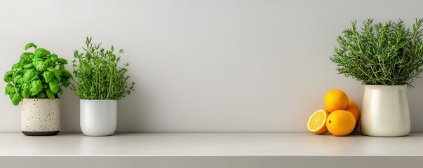 Fresh Herbs and Citrus on Kitchen Shelf