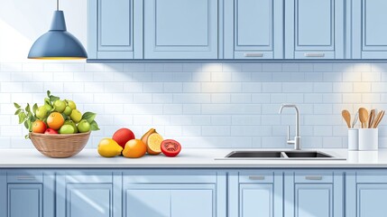 Wall Mural - Sunlit kitchen counter with fresh fruit bowl, sink, and light blue cabinets.