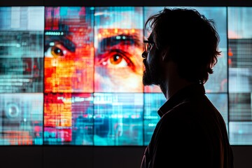 Silhouette of a computer programmer looking at multiple screens displaying face, code, and abstract data