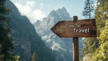 A rustic wooden sign labeled Time to Travel stands along a winding path surrounded by lush green hills and majestic mountains under a bright sky, encouraging exploration.