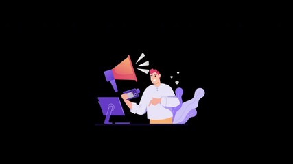Wall Mural - A cartoon man using a megaphone in a digital workspace, illustrating communication.
