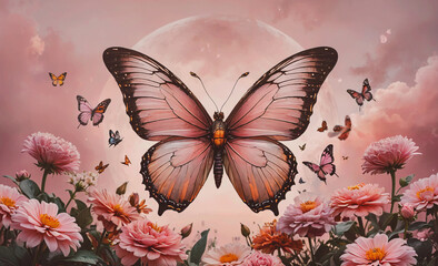 Poster - Pink butterfly is flying over a field of flowers. There are many other butterflies in the background
