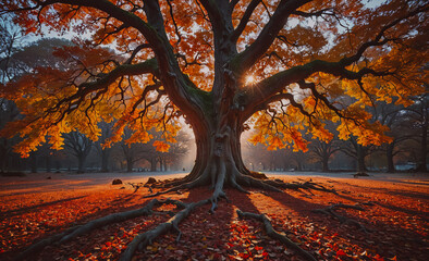 Poster - Large tree with many branches and leaves. The leaves are orange and yellow. The tree is in a park