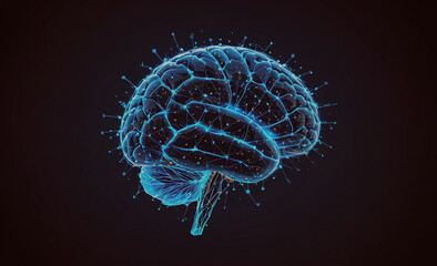 Brain with blue lines and dots. The brain is shown in a black background