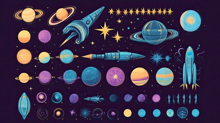 colorful cartoon space elements planets, rockets, stars, and nebulae. ideal for educational resource